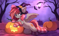 Size: 3489x2160 | Tagged: safe, artist:airiniblock, derpibooru import, oc, unofficial characters only, bat, pegasus, pony, belly, clothes, commission, ear fluff, halloween, hat, high res, holiday, hut, image, moon, night, pegasus oc, png, pumpkin, rcf community, round belly, socks, solo, striped socks, tree, wings, witch hat, ych result