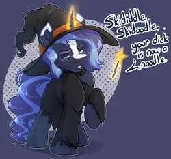 Size: 3032x2824 | Tagged: safe, artist:witchtaunter, derpibooru import, oc, oc:witching hour, pony, chest fluff, clothes, costume, ear fluff, faic, freckles, grin, halloween, holiday, image, levitation, lidded eyes, looking at you, magic, male, meme, png, raised hoof, smiling, smirk, solo, stallion, telekinesis, vulgar, witch
