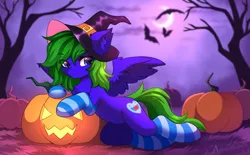 Size: 3489x2160 | Tagged: safe, artist:airiniblock, derpibooru import, oc, unofficial characters only, bat, pegasus, pony, belly, clothes, commission, ear fluff, halloween, hat, high res, holiday, hut, image, moon, night, pegasus oc, png, pumpkin, rcf community, round belly, socks, solo, striped socks, tree, wings, witch hat, ych result