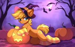 Size: 3489x2160 | Tagged: safe, artist:airiniblock, derpibooru import, oc, unofficial characters only, bat, earth pony, pegasus, pony, belly, clothes, commission, ear fluff, halloween, hat, high res, holiday, hut, image, moon, night, pegasus oc, png, pumpkin, rcf community, round belly, socks, solo, striped socks, tree, wings, witch hat, ych result
