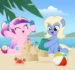 Size: 5330x5000 | Tagged: safe, artist:jhayarr23, derpibooru import, princess cadance, oc, oc:spitball sinclair, alicorn, crab, earth pony, beach, beach ball, canon x oc, image, png, sandcastle, sitting, teen princess cadance