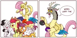 Size: 1031x508 | Tagged: safe, artist:syxpack, derpibooru import, apple bloom, discord, scootaloo, sweetie belle, bird, chicken, 101 dalmatians, 2 panel comic, applejack's hat, breaking the fourth wall, candy, comic, commission, commissioner:zcord, cowboy, cowboy hat, cruella de vil, cutie mark crusaders, discord being discord, fangs, fluttershy costume, food, halloween, hat, holiday, image, implied lesbian, implied rainbow dash, implied rarijack, implied shipping, png, running, scaring, simple background, sweat, talking to viewer, troll