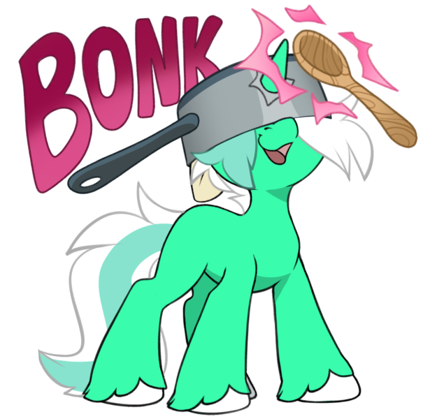 Size: 1317x1306 | Tagged: safe, artist:rileyisherehide, derpibooru import, oc, oc:colarus, unofficial characters only, pony, unicorn, bonk, commission, horn, image, pan, png, silly, silly pony, simple background, solo, spoon, transparent background, unicorn oc, unshorn fetlocks, ych result