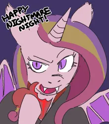 Size: 581x659 | Tagged: semi-grimdark, artist:reponer, derpibooru import, princess cadance, alicorn, bat pony, bat pony alicorn, pony, undead, vampire, vampony, bat ponified, bat wings, blood, blue background, cloak, clothes, fangs, g4, halloween, heart, holiday, horn, image, looking at you, lovebat, nightmare night, open mouth, open smile, png, purple eyes, race swap, simple background, sketch, smiling, smiling at you, solo, spread wings, wings