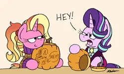 Size: 2124x1276 | Tagged: safe, artist:bobthedalek, derpibooru import, luster dawn, starlight glimmer, pony, unicorn, clothes, female, halloween, holiday, image, jack-o-lantern, mare, mother and child, mother and daughter, offspring, older, older starlight glimmer, parent:starlight glimmer, parent:sunburst, parents:starburst, png, pumpkin, pumpkin carving, smug, starlight glimmer is not amused, sweater, unamused
