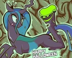 Size: 2428x1978 | Tagged: safe, artist:yidwags, derpibooru import, queen chrysalis, changeling, changeling queen, crocs, female, halloween, halloween 2023, holiday, image, lying down, png, solo, text