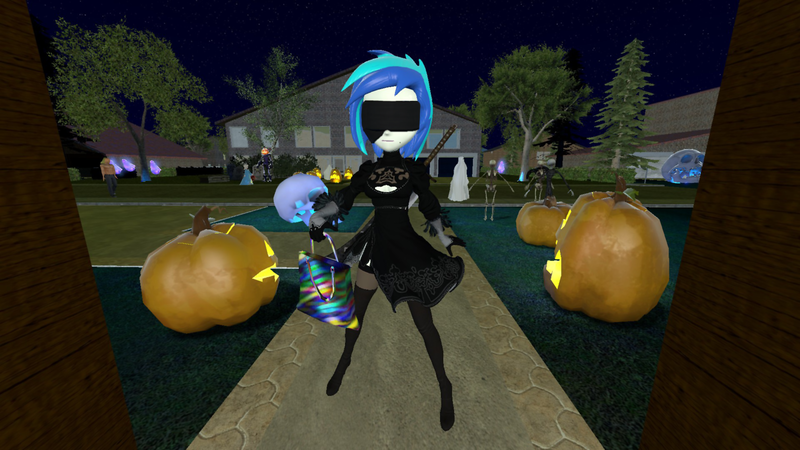 Size: 1920x1080 | Tagged: safe, artist:oatmeal!, derpibooru import, vinyl scratch, human, equestria girls, 2b, 3d, accessory swap, bag, blindfold, bone, candy bag, clothes, costume, decoration, gmod, halloween, halloween costume, holiday, image, jack-o-lantern, nier: automata, night, png, pumpkin, skeleton, skull, solo, spread legs, spreading, sword, trick or treat, weapon