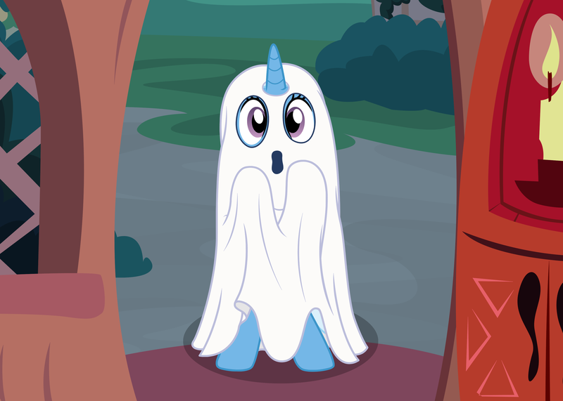 Size: 3126x2233 | Tagged: safe, artist:badumsquish, derpibooru import, trixie, ghost, pony, undead, unicorn, :o, bedsheet ghost, bipedal, bush, candle, clothes, costume, derpibooru exclusive, door, doorway, female, ghost costume, golden oaks library, halloween, halloween costume, holiday, horn, image, implied twilight sparkle, inconvenient trixie, library, looking at you, mare, nightmare night, nightmare night costume, offscreen character, oooooh, open mouth, png, pov, raised hoof, raised hooves, show accurate, solo, trick or treat