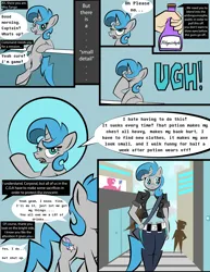 Size: 2550x3300 | Tagged: safe, artist:vareb, derpibooru import, oc, oc:tango starfall, unofficial characters only, anthro, pony, unicorn, annoyed, belt, blue eyes, blue hair, blue mane, blue tail, building, clothes, comic, complaining, dialogue, female, grumpy, hand, horn, image, jacket, leather, leather jacket, lounging, mare, offscreen character, png, potion, science fiction, smiling, speech bubble, tail, text, transformation, unicorn oc, walking