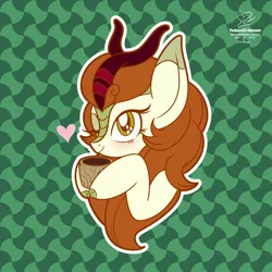 Size: 1920x1920 | Tagged: safe, artist:theratedrshimmer, derpibooru import, autumn blaze, kirin, pony, abstract background, awwtumn blaze, blushing, cup, cute, cuteness overload, female, heart, image, kirinbetes, one eye closed, png, solo, teacup, wink