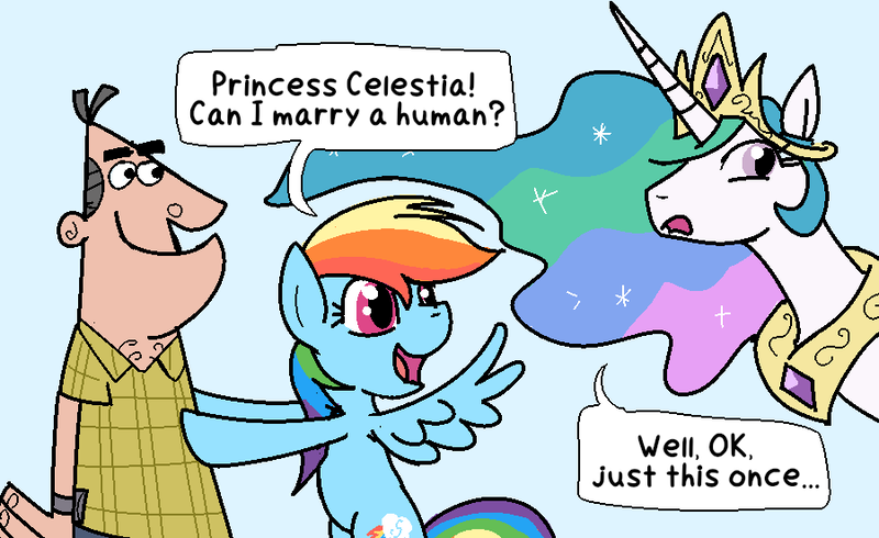 Size: 900x551 | Tagged: safe, artist:raspberry-joe, derpibooru import, princess celestia, rainbow dash, alicorn, human, pegasus, pony, comic, crack shipping, dinkleberg, human on pony action, image, interspecies, png, shipping, shitposting, speech bubble, text