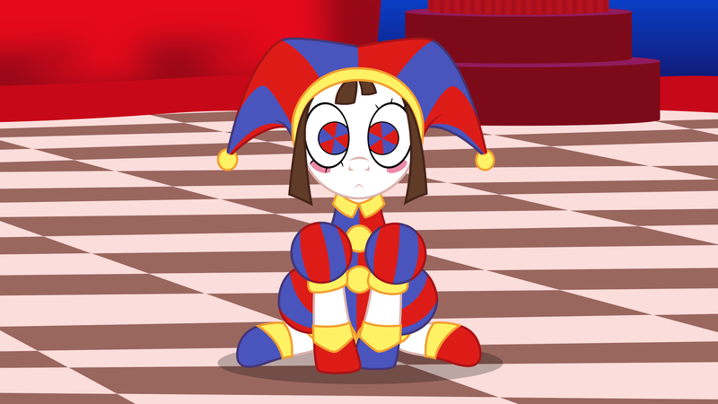 Size: 3511x1977 | Tagged: safe, alternate version, artist:badumsquish, derpibooru import, ponified, earth pony, pony, blush sticker, blushing, checkered floor, clothes, costume, crossover, derpibooru exclusive, female, hat, image, jester, jester hat, looking at you, mare, png, pomni, shoes, show accurate, sitting, solo, the amazing digital circus, this will end in insanity, thousand yard stare, wide eyes