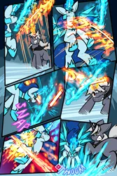 Size: 1567x2351 | Tagged: safe, artist:virmir, derpibooru import, oc, oc:snowmare doom, oc:virmare, unicorn, comic:so you've become a pony villain, castle, comic, fake alicorn, fake wings, fight, fire, fire magic, floppy ears, flying, frozen, glow, glowing horn, gritted teeth, horn, ice, ice magic, ice sword, image, landing, levitation, magic, onomatopoeia, png, sound effects, sparkles, spear, sword, teeth, telekinesis, violence, weapon