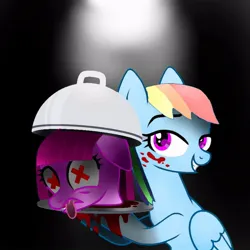 Size: 828x828 | Tagged: semi-grimdark, artist:alan-the-animeartist, derpibooru import, pinkie pie, rainbow dash, earth pony, pegasus, pony, fanfic:cupcakes, dead, decapitated, female, image, jpeg, smiling