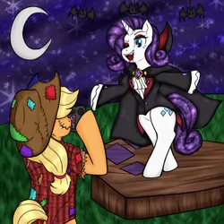 Size: 1280x1280 | Tagged: safe, artist:katie-kat-yo, derpibooru import, applejack, rarity, bat, earth pony, pony, undead, unicorn, vampire, vampony, alternate hairstyle, applejack's hat, bipedal, blood, blushing, camera, cape, clothes, coffin, cowboy hat, crescent moon, duo, eyeshadow, fangs, female, flannel, freckles, grass, hat, hay, image, jpeg, lesbian, looking at each other, looking at someone, makeup, mare, moon, one eye closed, open mouth, prop, rarijack, scarecrow, shipping, shirt, stage, stars, wink
