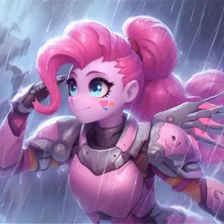 Size: 1024x1024 | Tagged: safe, artist:pianisti, derpibooru import, machine learning generated, pinkie pie, human, equestria girls, ai content, armor, clothes, female, image, jpeg, overwatch, rain, smiling, solo, suit