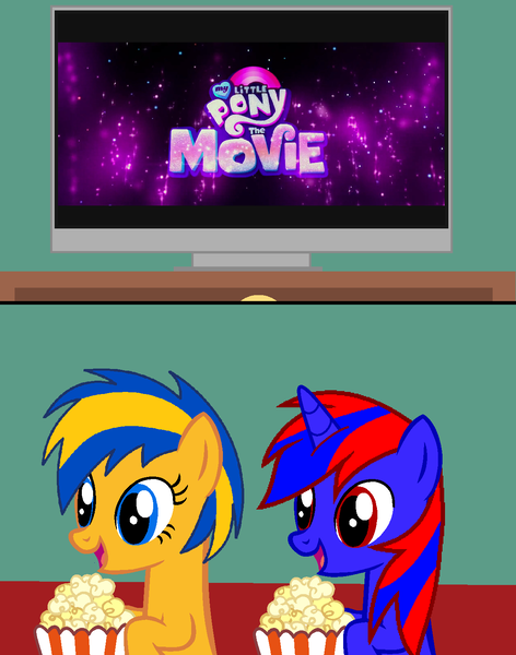 Size: 1192x1516 | Tagged: safe, artist:stephen-fisher, derpibooru import, oc, oc:flare spark, oc:stephen (stephen-fisher), unofficial characters only, my little pony: the movie, female, food, image, male, movie, png, popcorn