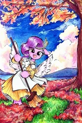 Size: 1574x2371 | Tagged: safe, artist:liaaqila, derpibooru import, pipp petals, pegasus, pony, g5, autumn leaves, bipedal, broom, clothes, image, jpeg, leaf, leaves, maid, open mouth, open smile, smiling, spread wings, traditional art, wings