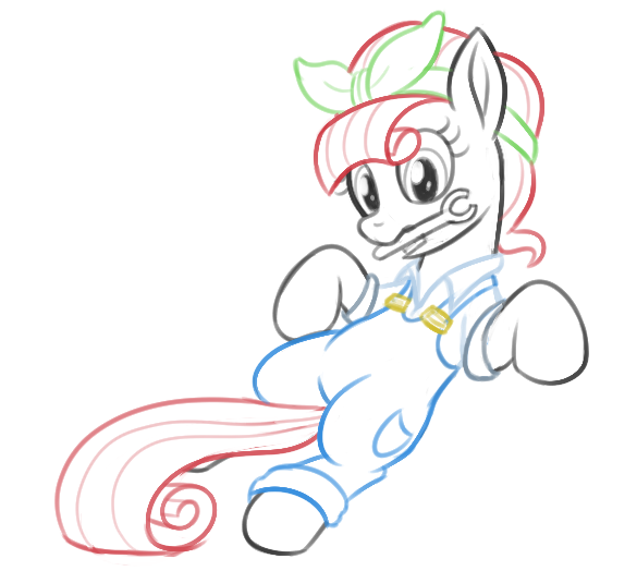 Size: 585x535 | Tagged: safe, artist:wapamario63, ponerpics import, ponybooru import, torque wrench, earth pony, pony, atorqueable, bandana, clothes, cute, female, image, lying down, mare, mouth hold, overalls, png, shirt, simple background, sketch, solo, white background, wrench