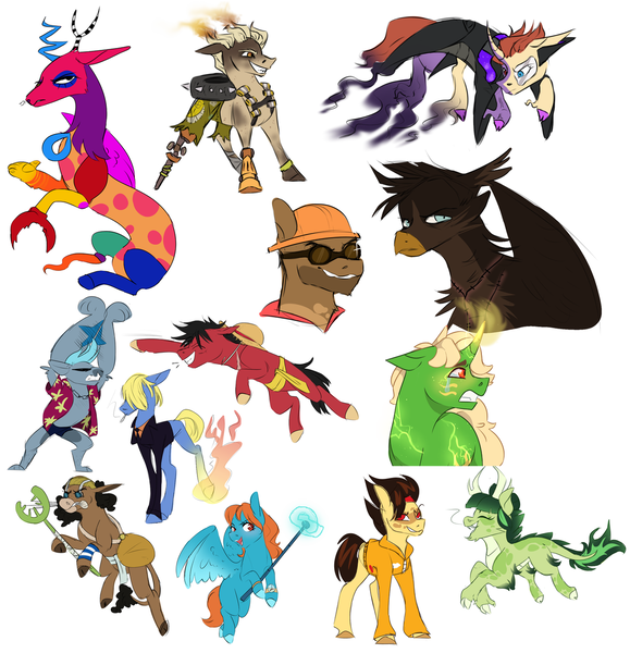 Size: 1280x1326 | Tagged: safe, artist:primrosepaper, derpibooru import, ponified, diamond dog, draconequus, dracony, dragon, earth pony, gryphon, hybrid, pegasus, pony, unicorn, bust, clothes, covered eyes, diamond dogified, draconequified, engineer, female, fire, franky, goggles, grin, hard hat, hat, hoodie, hoof hold, image, junkrat, magic staff, male, mare, moira, monkey d. luffy, one piece, overwatch, png, simple background, smiling, species swap, stallion, the amazing digital cirus, usopp, vinsmoke sanji, white background, zooble