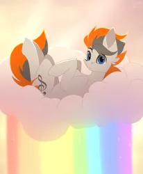 Size: 1335x1620 | Tagged: safe, artist:elektra-gertly, derpibooru import, oc, oc:sukko, unofficial characters only, pegasus, pony, cloud, commission, image, looking at you, male, on a cloud, png, rainbow, solo, stallion, ych result
