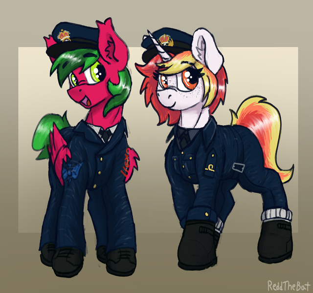 Size: 1978x1854 | Tagged: safe, artist:reddthebat, derpibooru import, oc, oc:lazy saturday, oc:melon specter, pegasus, unicorn, boots, clothes, hat, image, looking at you, navy, png, royal navy, shoes, uniform