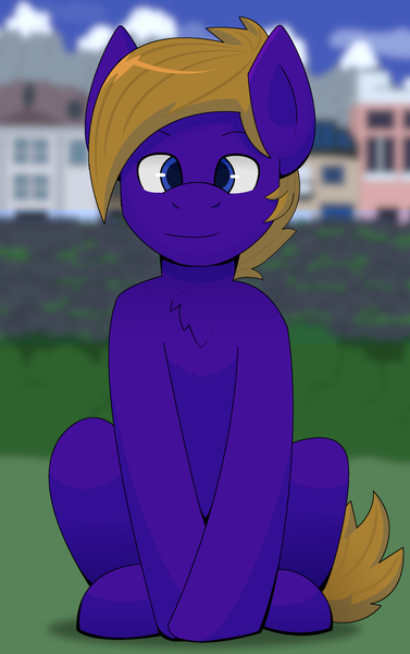 Size: 1300x2067 | Tagged: safe, artist:brushwork, derpibooru import, oc, oc:wing front, unofficial characters only, pegasus, background, blue eyes, brown mane, brown tail, chest fluff, city, crossed legs, front view, grass, image, mountain, pegasus oc, png, purple fur, sitting, tail, wings