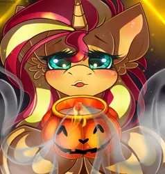 Size: 2276x2386 | Tagged: safe, artist:yuris, derpibooru import, sunset shimmer, pony, unicorn, blowing, blushing, candle, ears up, frog (hoof), halloween, holiday, image, open mouth, png, pumpkin, smoke, solo, underhoof