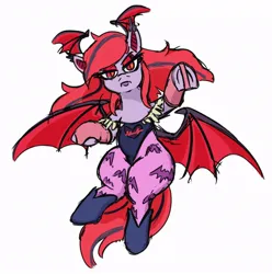 Size: 920x928 | Tagged: safe, artist:jargon scott, derpibooru import, oc, oc:arrhythmia, unofficial characters only, bat pony, pony, bat pony oc, bat wings, clothes, cosplay, costume, darkstalkers, female, image, jpeg, looking back, mare, morrigan aensland, simple background, solo, white background, wings