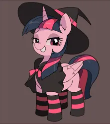 Size: 1945x2205 | Tagged: safe, artist:cheesesauce_45, derpibooru import, twilight sparkle, twilight sparkle (alicorn), alicorn, pony, clothes, costume, cute, female, gray background, grin, halloween, halloween costume, hat, holiday, image, jpeg, lidded eyes, looking at you, mare, simple background, smiling, smiling at you, socks, striped socks, twiabetes, witch costume, witch hat