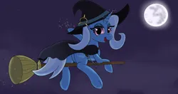 Size: 4096x2160 | Tagged: safe, artist:suryfromheaven, derpibooru import, trixie, pony, unicorn, broom, cape, clothes, eyes closed, flying, flying broomstick, fog, halloween, hat, holiday, image, jpeg, little witch academia, looking at you, magic, mlp fim's thirteenth anniversary, moon, night, smiling, smiling at you, wand, witch, witch costume