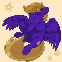 Size: 1920x1920 | Tagged: safe, artist:maravor, derpibooru import, oc, oc:wing front, unofficial characters only, pegasus, brown mane, brown tail, cute, eyes closed, flower, image, pegasus oc, png, purple fur, simple background, smiling, tail, wings