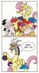 Size: 2208x4116 | Tagged: safe, alternate version, artist:syxpack, derpibooru import, apple bloom, discord, scootaloo, sweetie belle, bird, chicken, earth pony, pegasus, pony, unicorn, 101 dalmatians, 2 panel comic, animal costume, applejack's hat, breaking the fourth wall, candy, chicken suit, clothes, comic, commission, commissioner:zcord, costume, cowboy, cowboy hat, cruella de vil, cutie mark crusaders, discord being discord, fangs, fluttershy suit, food, halloween, halloween costume, hat, holiday, image, implied applejack, implied lesbian, implied rainbow dash, implied rarijack, implied rarity, implied shipping, jpeg, running, scaring, scootachicken, simple background, sweat, talking to viewer, troll, vertical