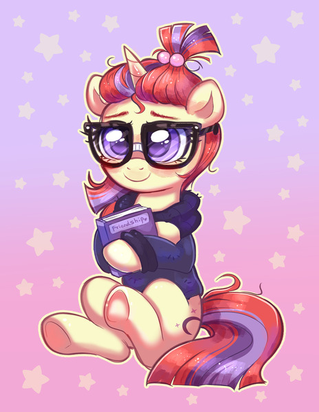 Size: 2735x3533 | Tagged: safe, artist:confetticakez, derpibooru import, moondancer, pony, unicorn, abstract background, book, clothes, colored eyebrows, cute, dancerbetes, eyebrows, female, g4, glasses, gradient background, hoodie, horn, image, jpeg, looking at you, mare, sitting, smiling, smiling at you, solo, underhoof