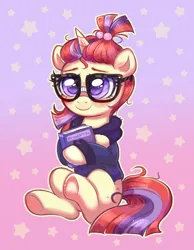 Size: 2735x3533 | Tagged: safe, artist:confetticakez, derpibooru import, moondancer, pony, unicorn, abstract background, book, clothes, colored eyebrows, cute, dancerbetes, eyebrows, female, g4, glasses, gradient background, hoodie, horn, image, jpeg, looking at you, mare, sitting, smiling, smiling at you, solo, underhoof