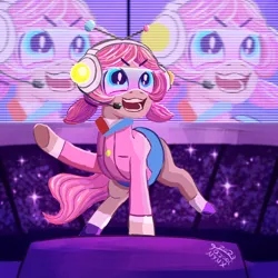 Size: 1500x1500 | Tagged: safe, artist:tazool, derpibooru import, oc, oc:anyware, earth pony, pony, audience, brixity, camera flashes, clothes, cookie run, female, goggles, headset, headset mic, image, mare, png, screen, skirt, solo, stadium, stage, vest