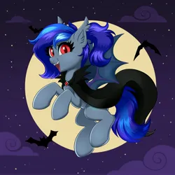 Size: 4000x4000 | Tagged: safe, artist:confetticakez, derpibooru import, oc, oc:lunar aurora, unofficial characters only, bat, bat pony, pony, absurd resolution, bat ears, bat pony oc, bat wings, cape, clothes, cloud, commission, fangs, female, flying, full moon, image, jpeg, looking at you, mare, moon, night, night sky, open mouth, open smile, outdoors, sky, slit pupils, smiling, smiling at you, solo, spread wings, stars, wings, ych result