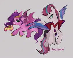 Size: 2048x1623 | Tagged: safe, artist:petaltwinkle, derpibooru import, pipp petals, zipp storm, dragon, pegasus, pony, g5, clothes, costume, duo, female, fire, fire breath, gray background, halloween, halloween costume, holiday, image, jpeg, looking at you, mare, open mouth, royal sisters (g5), siblings, signature, simple background, sisters, spread wings, vampire costume, wings