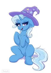 Size: 1228x1771 | Tagged: safe, artist:confetti-cakez, artist:confetticakez, derpibooru import, trixie, pony, unicorn, blushing, chest fluff, clothes, cute, diatrixes, eyebrows, female, g4, hat, horn, image, lidded eyes, looking at you, mare, open mouth, open smile, png, signature, simple background, sitting, smiling, smiling at you, solo, trixie's hat, white background, wizard hat