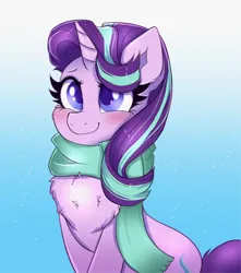 Size: 1586x1793 | Tagged: safe, artist:confetti-cakez, artist:confetticakez, derpibooru import, starlight glimmer, pony, unicorn, blushing, cheek fluff, chest fluff, clothes, cute, eyebrows, female, g4, glimmerbetes, gradient background, horn, image, mare, png, scarf, sitting, smiling, snow, snowfall, solo