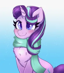 Size: 1586x1793 | Tagged: safe, artist:confetti-cakez, artist:confetticakez, derpibooru import, starlight glimmer, pony, unicorn, g4, blushing, cheek fluff, chest fluff, clothes, cute, eyebrows, female, glimmerbetes, gradient background, horn, image, mare, png, scarf, sitting, smiling, snow, snowfall, solo