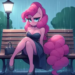Size: 1024x1024 | Tagged: safe, derpibooru import, machine learning generated, pinkie pie, anthro, ai content, bench, big breasts, breasts, busty pinkie pie, cleavage, clothes, crossed legs, depressed, dress, embarrassed, generator:bing image creator, generator:dall-e 3, high heels, image, jpeg, looking at you, park bench, prompter:horselover fat, purse, rain, sexy, shoes, sitting, streetlight