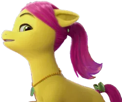 Size: 876x732 | Tagged: safe, derpibooru import, edit, edited screencap, screencap, posey (g5), earth pony, pony, g5, 3d, background removed, female, image, jewelry, looking left, mare, necklace, png, simple background, solo, standing, transparent background, violet mane, yellow skin