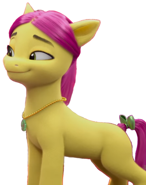 Size: 569x724 | Tagged: safe, derpibooru import, edit, edited screencap, screencap, posey (g5), earth pony, pony, g5, 3d, background removed, female, image, jewelry, looking left, mare, necklace, png, simple background, smiling, solo, standing, transparent background, violet mane, when she smiles, yellow skin