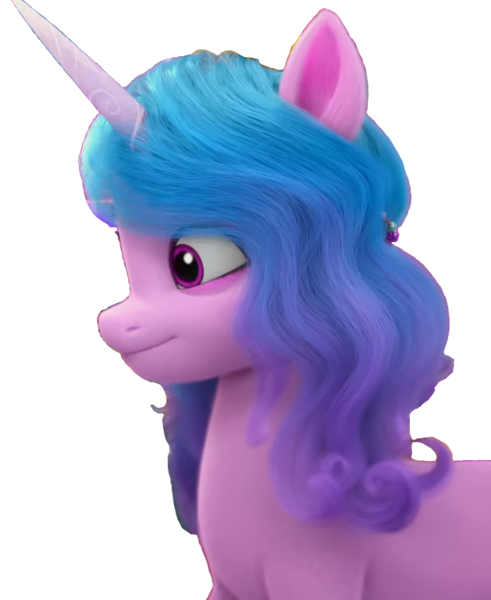 Size: 629x768 | Tagged: safe, derpibooru import, edit, edited screencap, screencap, izzy moonbow, pony, unicorn, g5, 3d, background removed, blue mane, female, image, looking left, mare, png, purple eyes, purple skin, simple background, solo, standing, transparent background