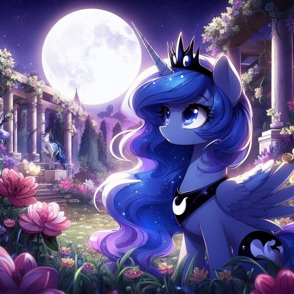 Size: 1024x1024 | Tagged: safe, derpibooru import, machine learning generated, princess luna, alicorn, ai content, image, jpeg, moon