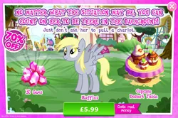 Size: 1958x1301 | Tagged: safe, derpibooru import, official, derpy hooves, pegasus, pony, advertisement, costs real money, cupcake, english, female, food, gameloft, gem, image, jpeg, mare, mobile game, my little pony: magic princess, numbers, sale, solo, solo focus, spread wings, table, text, wings