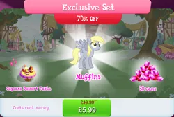 Size: 1270x858 | Tagged: safe, derpibooru import, official, derpy hooves, pegasus, pony, bundle, costs real money, cupcake, english, female, food, gameloft, gem, image, jpeg, mare, mobile game, my little pony: magic princess, numbers, sale, solo, spread wings, table, text, wings