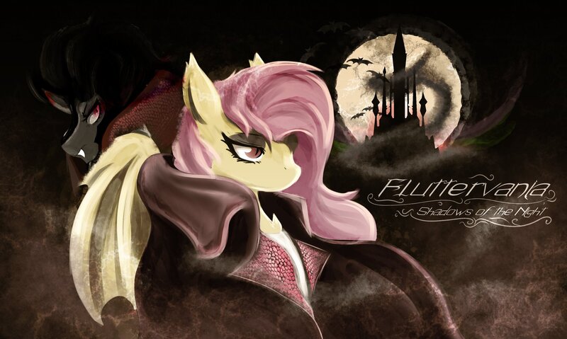 Size: 2048x1225 | Tagged: safe, artist:chaosmauser, derpibooru import, fluttershy, king sombra, bat pony, pony, unicorn, alucard, bat ponified, castlevania, dracula, duo, female, flutterbat, image, jpeg, male, mare, race swap, solo focus, stallion