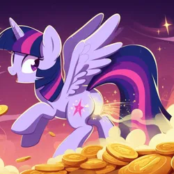 Size: 1024x1024 | Tagged: safe, derpibooru import, machine learning generated, twilight sparkle, twilight sparkle (alicorn), alicorn, pony, ai content, alternative defecation, butt, coin, fart, female, generator:dall-e 3, image, jpeg, looking back, mare, plot, prompter:nebbie, solo